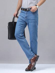 Stretch & Comfortable Embroidery Design Slim Fit Business Casual Jeans For Men, Suitable For Work And Travel - Light Wash - View 6