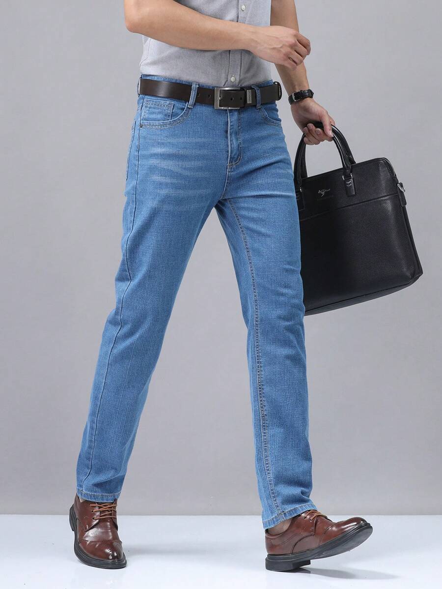 Stretch & Comfortable Embroidery Design Slim Fit Business Casual Jeans For Men, Suitable For Work And Travel - Light Wash - View 1
