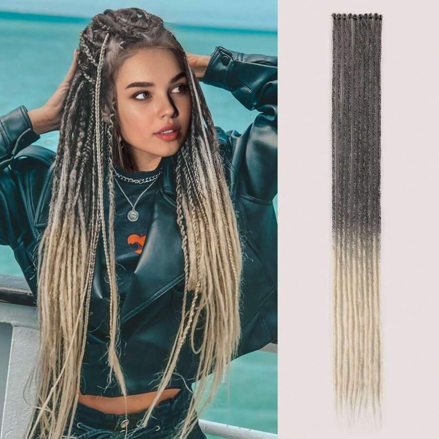 Long Ombre Blonde Dreadlock Extensions Thin 0.6 Cm Soft Fake Dreads 10