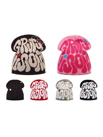 1pc Y2K Gothic Thick Jacquard Knit Beanie Hat, Soft & Comfortable, Suitable For Outdoor, Cycling, Travel, Skiing, Streetwear Winter Head Warmer