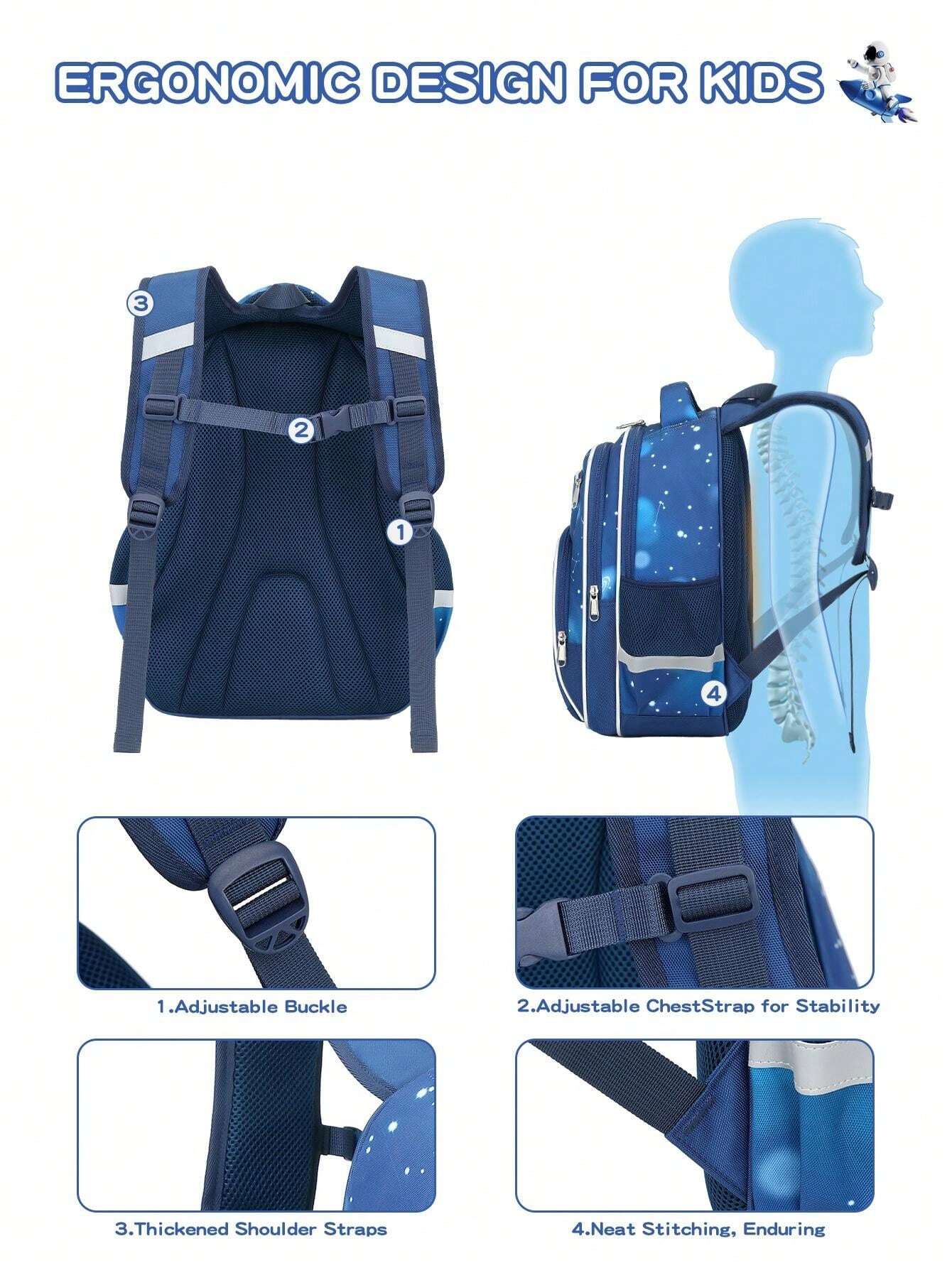 Blue raising hand design space themed backpack for elementary school