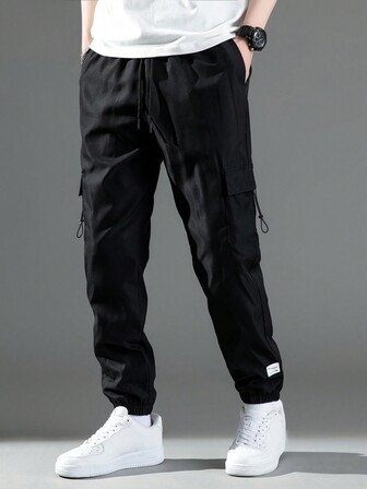 1pc Men's Loose-Fit Black Cargo Pants, Summer Style With Cuffed Hem, Stylish And Versatile Sports Trousers For Teenagers