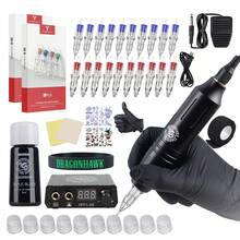 Dragonhawk Complete Tattoo Pen Kit Rotary Atom M1 Machine Power Supply 20Pcs Cartridges Needles Foot Pedal Black Ink For Beginners - Black - View 1