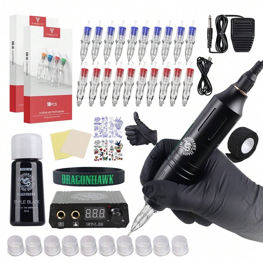 Dragonhawk Complete Tattoo Pen Kit Rotary Atom M1 Machine Power Supply 20Pcs Cartridges Needles Foot Pedal Black Ink For Beginners - Black - View 1