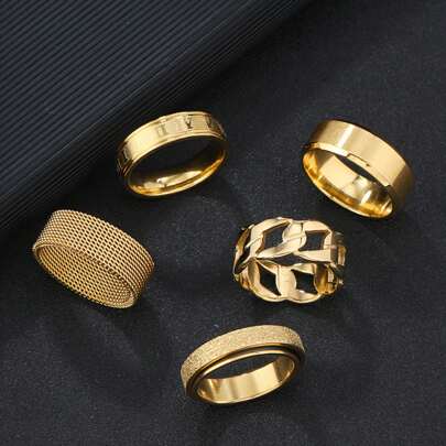 5pcs Fashion Stainless Steel Rings Set, Simple Golden Rotatable Rings, Hip Hop Hollow Out Rings Set