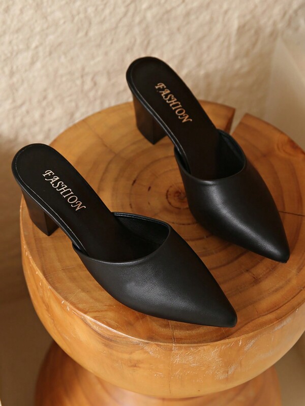 Sandalias de tacón alto de cuero de unicolor para mujer, sandalias de tacón grueso de punta puntiaguda para oficina y moda, verano