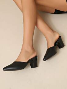 Women's Solid Color Leather High Heel Mules, Pointed Toe Chunky Heel Sandals For Office & Fashion, Summer