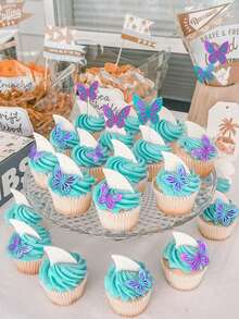 Conjunto de 13 piezas de adornos para pastel con polvo dorado, 1 bandera con letra de mariposa + 12 decoraciones de pastel pequeñas con mariposas - Rosa roja - Ver 3