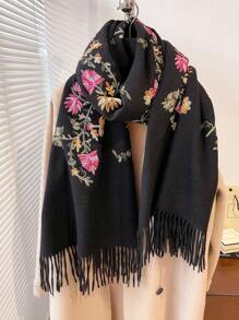 1 件女士仿羊绒花卉刺绣围巾，加厚保暖波西米亚风格流苏刺绣旅行披肩配饰女士冬秋 - 彩色 - 查看 5