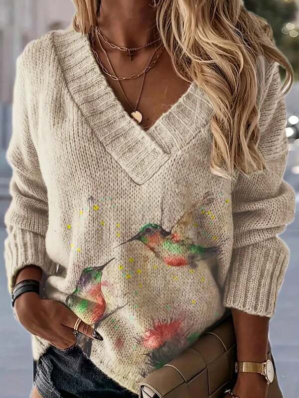 Custom-Made V-Neck Graphic Print Sweater For Women