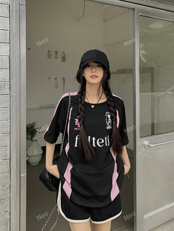 Women's Summer Vintage Black & Pink Spliced Letter Printed Casual Jersey T-Shirt With Raglan Sleeve Sleeves