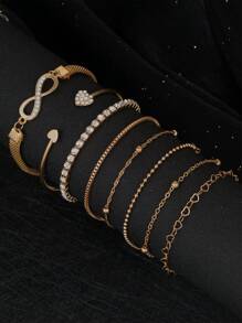 8pcs Bracelet Set, Beach-Inspired And Fashionable, Featuring Heart, Round Gem, Water Drop, Infinity, And Lucky Elements, Suitable For Women's Daily Wear Or Night Out Party. The Set Includes Bracelets And Bangles With Simple & Stylish Design, Decorated With Rhinestones And Heart-Shaped Charms. Perfect Gift For Any Occasion! Valentines,Mom,Mother,Mother's Day,Gift