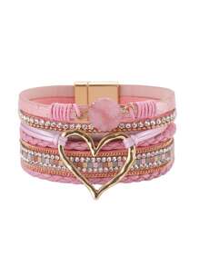 Fashionable Heart-Shaped Faux Leather Bracelet - Sparkling Rhinestone Decor - Magnetic Clasp Design, Easy To Wear - Perfect Accessory For Any Occasion, Ideal Valentine's Day Gift