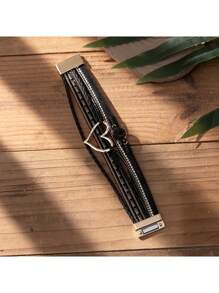 Fashionable Heart-Shaped Faux Leather Bracelet - Sparkling Rhinestone Decor - Magnetic Clasp Design, Easy To Wear - Perfect Accessory For Any Occasion, Ideal Valentine's Day Gift