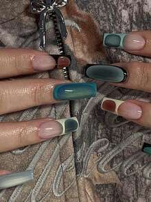 24st Medium Square Press On Nails, French Tip Fake Nails Färgglada Geometriska Heltäckande Falska Naglar För Kvinnor Och Flickor - Multifärgad - Visa 7