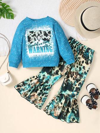 年轻女孩秋冬字母印花长袖运动衫和喇叭裤套装