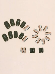 24 piezas de uñas postizas cortas de ataúd con línea ondulada de color verde militar + 1 pieza de pegamento de gelatina + 1 pieza de frotado para decoración diaria de uñas para mujeres y niñas, suministros para uñas - Multicolor - Ver 3