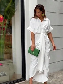 Vestidos Largos Elegantes para Mujer Moda Unicolor, con Botón Delantero, Transpirables y Cómodos, Ajustadoss - Blanco - Ver 5