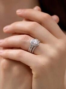 AIHUASI 2入組925純銀女士婚戒套裝，6*9毫米2.7克拉高級立方氧化鋯婚禮珠寶禮物