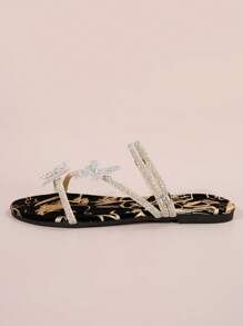 Colorful Rhinestone Bow Multi-Strap Sandals, Women Convertible Wear Flat Sandals For Summer & Autumn,French Fashion Sliver Slide Sandals Suitable For Dating, Party, Home, Casual Daily Wear,Beach Outfits - Gold - View 3