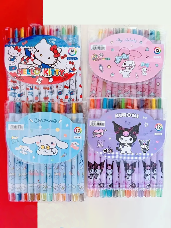 Sanrio Caja de 12 Piezas Lápices de cera giratorios con dibujos animados y 12 colores, set de papelería con lápiz de pintura en forma de gato, algunos estilos pueden ser aleatorios