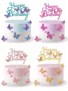 Conjunto de 13 piezas de adornos para pastel con polvo dorado, 1 bandera con letra de mariposa + 12 decoraciones de pastel pequeñas con mariposas - Rosa roja - Ver 1