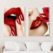 2pcs/Set Red Lipped Modern Girl Poster And Print, Canvas Art, Aesthetics Poster, For Living Room Bedroom Office Wall Decor,Without Frames