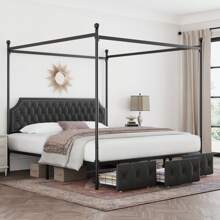 Full/Queen/King Canopy Bed Frame With 2/3 Drawers And Button Tufted Headboard, Platform Bed With 4 Removable Posts, Two-Purpose Velvet Bed, Decor Furniture For Christmas Gift, No Box Spring Needed, Dark Grey/Beige, Curtains Not Included - 深灰色 - 查看 6