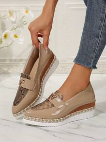 女士新款豹紋拼接鏡面網面楔型踝靴，戶外運動休閑輕便舒適鞋 - 杏色 - 查看 6