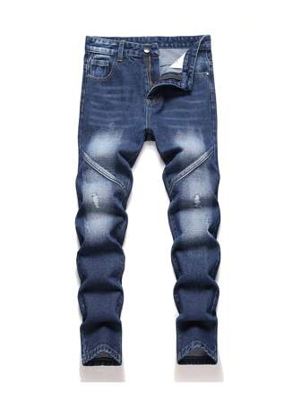 Teen Boys' Dark Blue Distressed Straight Leg Jeans
