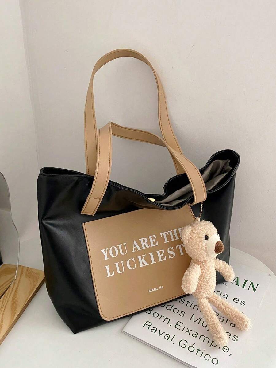 Fashionable Large Capacity Women's Shoulder Bag, Simple Letter Contrast Color Tote Bag - Black - View 1