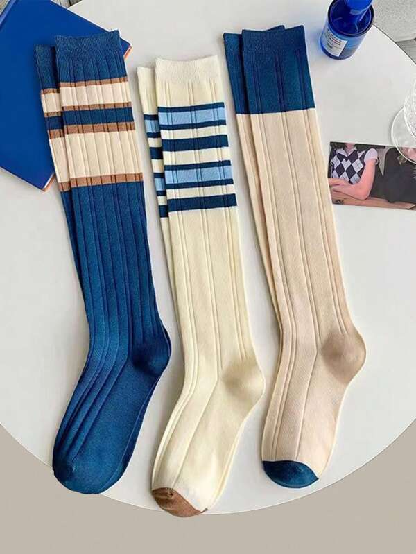 1/3 Pairs Blue & White Stripe Pattern Knee High Socks, Fashion Preppy Style Slim Fit & Breathable, Suitable For Daily Outfit