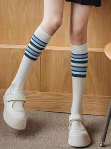 1/3双蓝白条纹过膝袜，时尚学院风修身透气，适合日常穿搭，Y2K风格，舒适保暖 - 彩色 - 查看 4