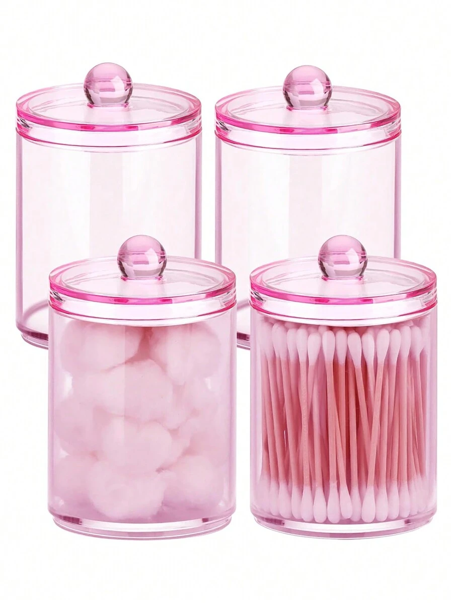 6 Pack Qtip Clips With Plastic Lids - 10 Oz Clear Medicine Bottle Dresser Organizer And Storage Makeup Jar For Makeup Round Pads, Swabs, Dental Floss, Hair Clips, Paper Clips, Hair Ties (Pink)