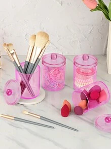 6 Pack Qtip Clips With Plastic Lids - 10 Oz Clear Medicine Bottle Dresser Organizer And Storage Makeup Jar For Makeup Round Pads, Swabs, Dental Floss, Hair Clips, Paper Clips, Hair Ties (Pink)