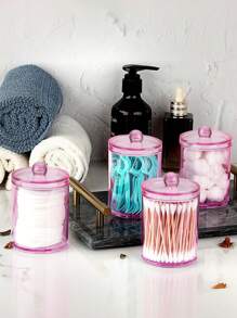 6 Pack Qtip Clips With Plastic Lids - 10 Oz Clear Medicine Bottle Dresser Organizer And Storage Makeup Jar For Makeup Round Pads, Swabs, Dental Floss, Hair Clips, Paper Clips, Hair Ties (Pink)