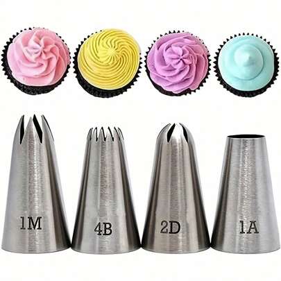 4pcs/set 1m 4b 2d 1a Nozzle Set For Cake Decoration, Baking Tool For Cake, Cupcake, Biscuit, Kitchen Utensil