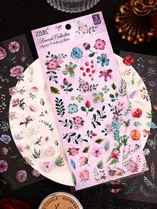 3pcs Simple And Elegant Pattern Scrapbook Stickers, Flowers, Feathers, Green Plants, Art Supplies And Other Delicate Life Scene Pattern Sticker Packs, DIY Magazines, Garbage Diary Supplies, Learning Stationery And Gift Cover Decorative Stickers - Multicolor - View 1