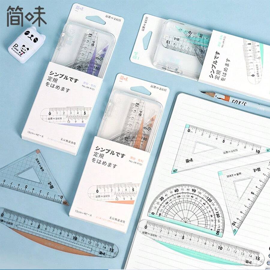 Juego de geometría para estudiantes, juego de matemáticas con regla, 2 triángulos, transportador, 4 piezas portátiles, caja de kit protector para útiles de clase y escuela, reglas - Conjuntos - Ver 1