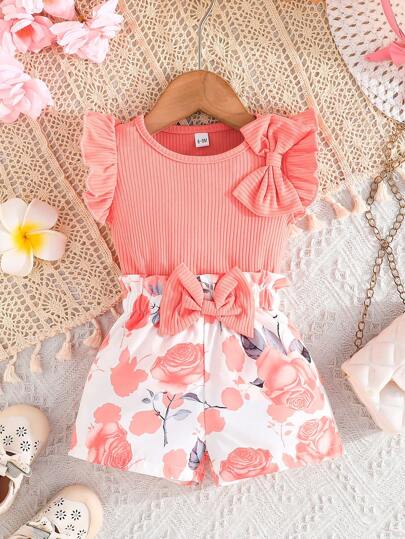 Ensemble de vêtements pour enfants d'été pour bébés filles - Top mignon à nœuds papillon avec manches courtes et short imprimé floral décontracté, tenue 2 pièces pour bébés filles