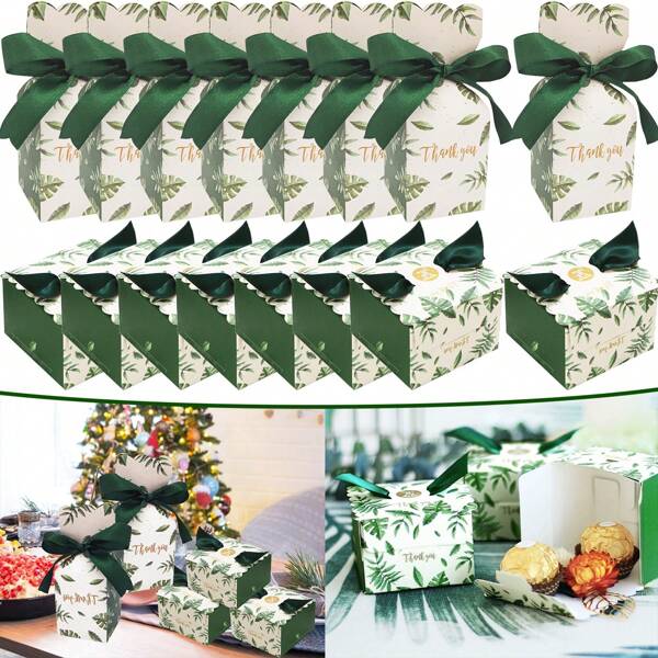 50 Peças Caixas de Doces com Laço de Fita de Cetim, Caixa de Presente Favor de Festa de Aniversário de Casamento com 50 Peças de Fita Preta e Verde para Decoração de Casamento, Noiva, Chá de Bebê, Festa de Aniversário