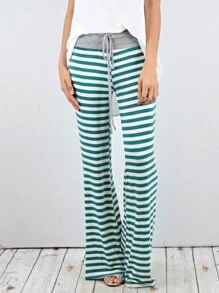 Boho Retro 90's Style Stripe Floral Drawstring Fold Over Band Wide Leg Lounge Pants - Green - View 2