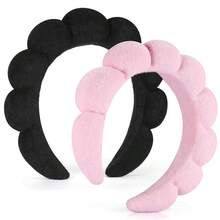 2入組女士水療頭帶，用於洗臉，海綿，化妝，護膚頭帶，以太紡泡泡軟質頭帶，為女性準備的鬆軟頭髮帶，豐滿墊裝頭飾，防滑厚髮髻，可愛 - 彩色 - 查看 1