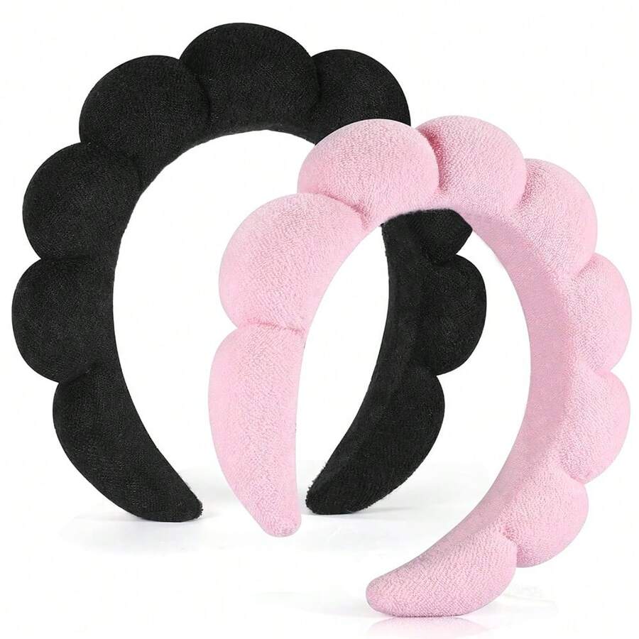 2入組女士水療頭帶，用於洗臉，海綿，化妝，護膚頭帶，以太紡泡泡軟質頭帶，為女性準備的鬆軟頭髮帶，豐滿墊裝頭飾，防滑厚髮髻，可愛 - 彩色 - 查看 1