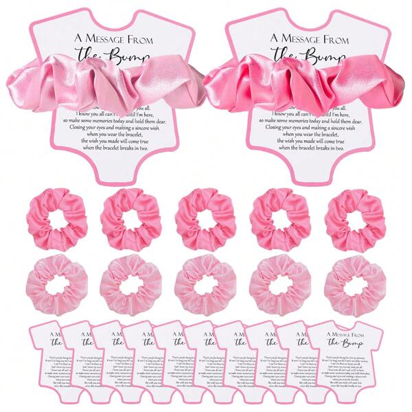 10 sets de obsequios de ducha que incluyen 10 ligas de pelo en rosa/azul, 10 tarjetas de agradecimiento de la ducha y un letrero "Un mensaje desde la ducha" en rosa/azul. Estos son regalos de fiesta de revelación de género ideales para los invitados, donde las diademas también se pueden usar como pulseras.