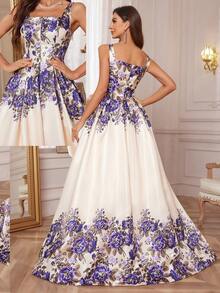 女士花卉印花无袖长款优雅华丽方形领口伴娘礼服 - 杏色 - 查看 3