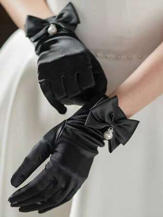 1 Pair Bow Faux Pearl Decor Bridal Bridesmaid Prom Party Elastic Satin Gloves, Wedding Dress Accessories