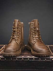 男式高筒絨面靴，春/秋新品，黑色，休閒中筒皮鞋，時尚男鞋 - 棕色 - 查看 3