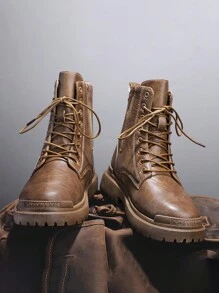 男式高筒絨面靴，春/秋新品，黑色，休閒中筒皮鞋，時尚男鞋 - 棕色 - 查看 4