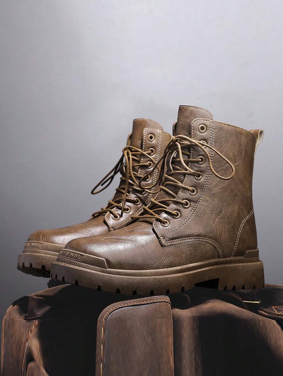 男式高筒絨面靴，春/秋新品，黑色，休閒中筒皮鞋，時尚男鞋 - 棕色 - 查看 1